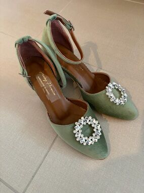 Sage green Crystal-Embellished Ankle-Strap Pumps
